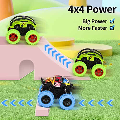 4pcs Monster Truck Coche de Juguete para niños a Partir de 3 a 10 años, Ruedas de Goma Grandes 4 x 4 vehículos de Potencia inercial, rotación de Acrobacias de 360°, Juegos de Coches de Carreras