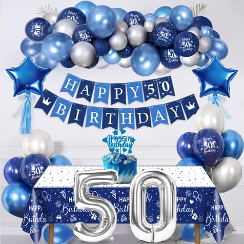 50 Años Decoraciones Cumpleaños Hombre, Globos 50 Cumpleaños Fiesta Azul Plata con 50 Happy Birthday Banner Birthday Sash Manteles Cake Topper para Hombres Adultos 50 Cumpleaños Fiesta