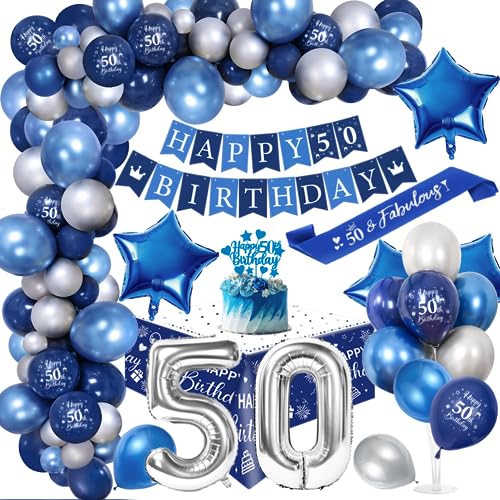 50 Años Decoraciones Cumpleaños Hombre, Globos 50 Cumpleaños Fiesta Azul Plata con 50 Happy Birthday Banner Birthday Sash Manteles Cake Topper para Hombres Adultos 50 Cumpleaños Fiesta