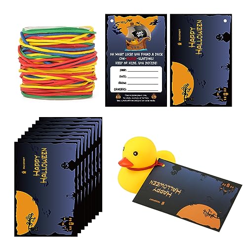 50 Pzs Juegos de Crucero de Pato con Tags, 8,9x6,1cm Etiquetas de Pato de Goma de Halloween con 50 Bandas de Goma Coloridas Etiquetas de Pato para Pato de Crucero para Fiesta de Halloween
