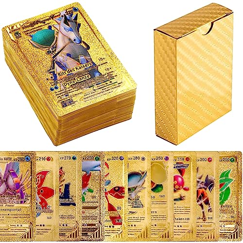 55 tarjetas de oro para Pokemon, Vstar Vmax tarjetas de lámina dorada con caja de cubierta, tarjeta chapada en oro, incluye varias tarjetas de lámina raras (7Vstar+29 Vmax+16 V+2GX+1PHASE), tarjetas