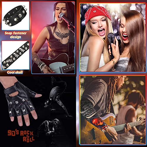 6 Piezas Punk Gothic Rocker Kit, Kit de Disfraces de Hip Hop Rapero Accesorios 80's, Fundas de Mangas de Tatuaje Rockero, Guantes de Punk Negra, Gafas De Sol, Pulseras De Cuero Pu