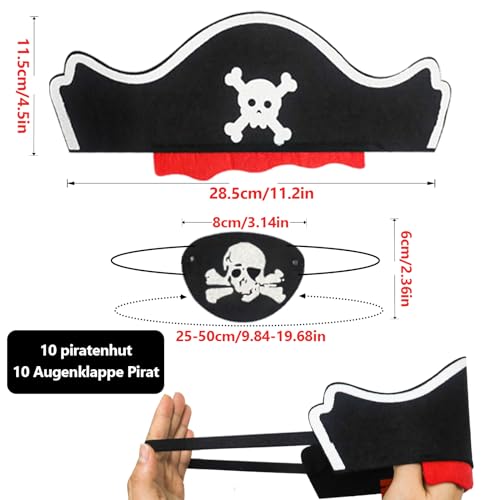 AHRITA 20 Piezas Conjunto de Sombrero Pirata, Sombrero de Calavera, 10 Gorro Pirata y 10 Parche Pirata Disfraz Pirata Niños para Cumpleaños Infantil Fiesta Pirata