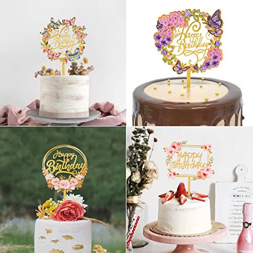 AIBAOBAO Juego de 6 piezas de adornos para tartas de feliz cumpleaños con flores, adornos para tartas de flores, adornos acrílicos de feliz cumpleaños surtidos, adornos para tartas para niñas