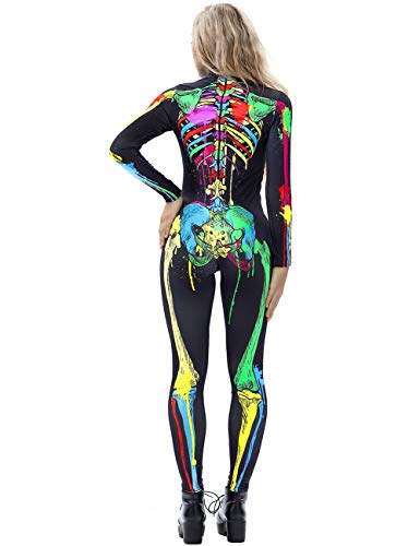 AIDEAONE Disfraz de Halloween Huesos de Mujer Mono Catsuit Traje de Esqueleto Carnaval M