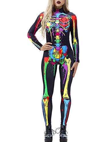 AIDEAONE Disfraz de Halloween Huesos de Mujer Mono Catsuit Traje de Esqueleto Carnaval M