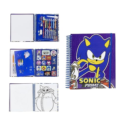 Álbum para Colorear de Sonic - Incluye Plantillas para Dibujar, Pegatinas, Lapiceros y Rotuladores de Colores - Kit de Material escolar - Producto Original Diseñado en España