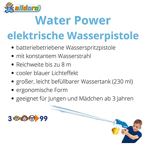 alldoro 63078 Water Power - Pistola de Agua eléctrica (Aprox. 22 cm, cañón de Agua con luz, Alcance de hasta 8 Metros, para Playa, jardín y Ocio, para niños a Partir de 3 años), Color Azul