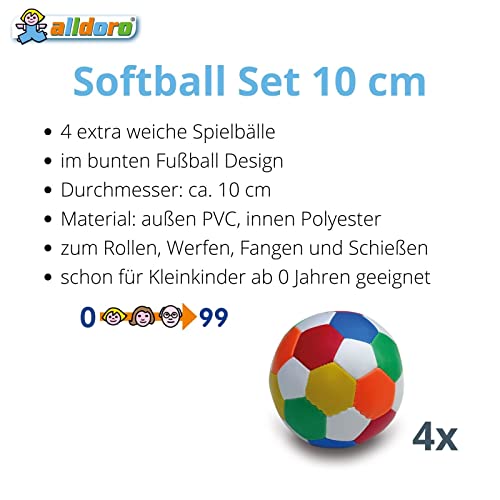 alldoro 63092 Softball - Juego de 4 Pelotas de fútbol (10 cm de diámetro, 4 Pelotas de Colores, de Espuma, para Interiores y Exteriores, Multicolor, para niños y bebés a Partir de 0 Meses)