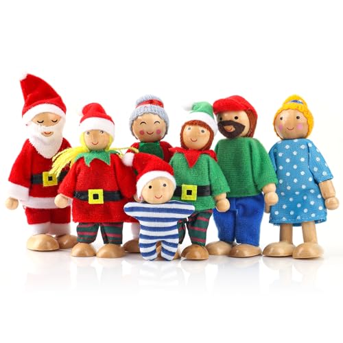 Amaxiu Figuras familiares de casa de muñecas de Navidad, 7 piezas de madera de Navidad, muñecas de familia, casa de Navidad, personas para juegos de rol, juego de simulación, accesorios de fiesta