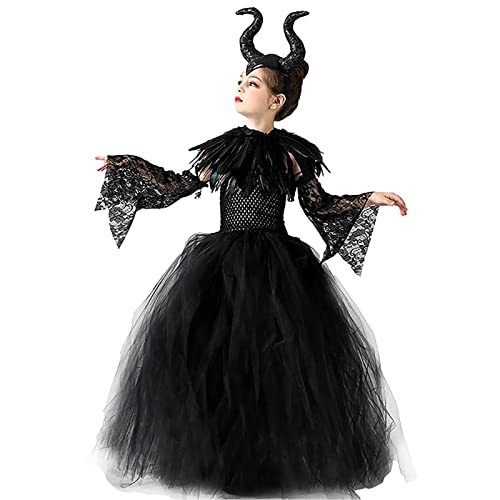 AMOBON Disfraz de Maléfica Niñas, Maleficent Costume para Niños, Vestido de Reina Malvada con Tocado de Cuernos y Charreteras de Capa de Alas Negras para Carnaval Halloween Cosplay Fiesta (M)