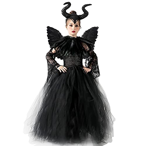 AMOBON Disfraz de Maléfica Niñas, Maleficent Costume para Niños, Vestido de Reina Malvada con Tocado de Cuernos y Charreteras de Capa de Alas Negras para Carnaval Halloween Cosplay Fiesta (M)