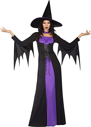 amscan 9908291 Disfraz clásico de bruja púrpura para mujer, disfraz de Halloween y sombrero, disfraz de semana del libro (talla de vestido de Reino Unido 8-10)