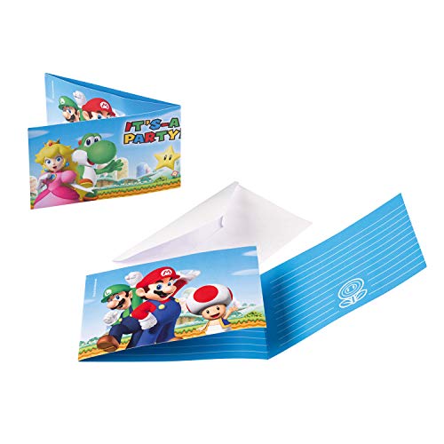 AMSCAN EUROPE GMBH Juego de 8 invitaciones y sobres Super Mario Bros para cumpleaños infantil o fiesta temática, tarjetas de invitación para niños Luigi Toad