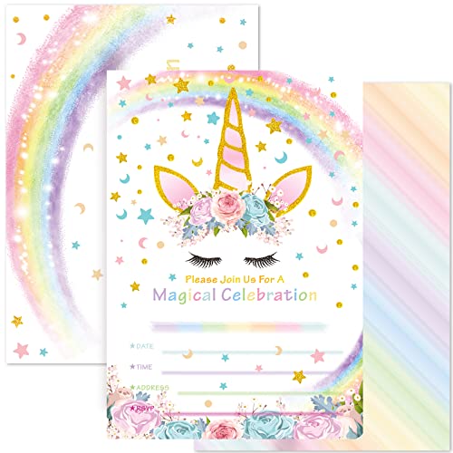 AMZTM Invitaciones con Sobres para la Fiesta de Cumpleaños Baby Shower Decoraciones Accesorios de Unicornio Arcoiris para Niños Chicas Juego de 20