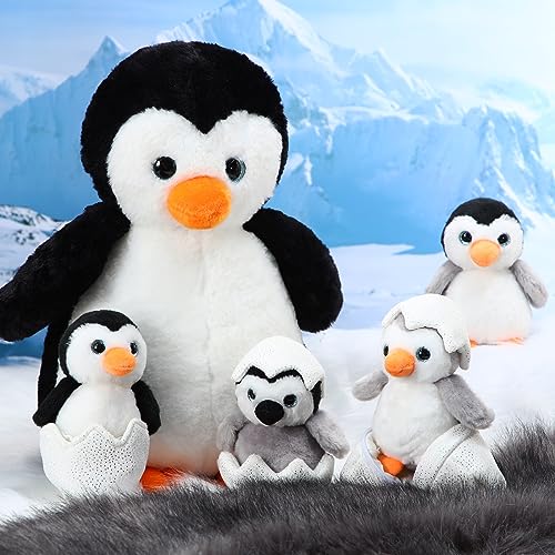 Aoriher 7 Piezas Set de Pingüinos de Peluche Suaves Tiernos Envolventes, 35 cm 1 Juguete de Felpa de Pingüino de Mamá con 4 Animales de Peluche de Pingüino Lindo de Bebé y 2 Huevos para Niños Navidad