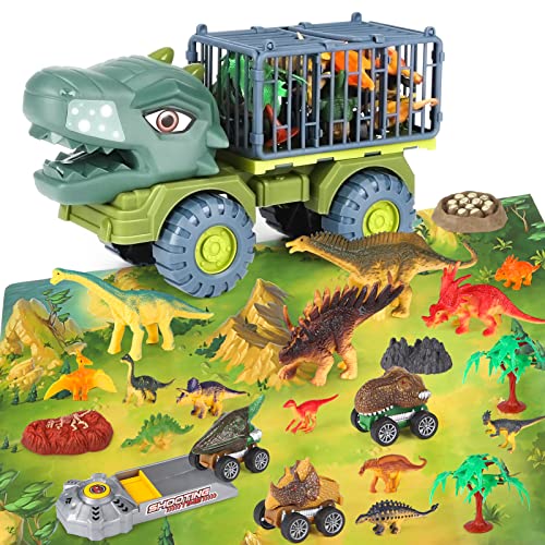 Aoskie Dinosaurios Camion Juguete para niños, Tyrannosaurus Truck de Juguetes con 13 Playmobil Dinosaurios, 3 Autos de Dinosaurio Extraíbles, Alfombra de Juego, Juguetes Regalo niños 3 4 5 6 años