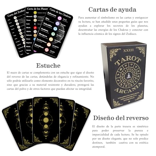 ARCANIA Tarot Cartas de Tarot para Principiantes, con Definiciones fáciles, Palabras Clave, Zodiaco, Chakras, Numerología, Sí o no y Simbología de Fondos