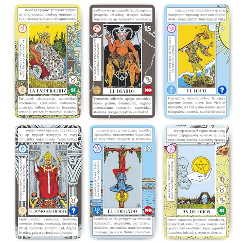 ARCANIA Tarot Cartas de Tarot para Principiantes, con Definiciones fáciles, Palabras Clave, Zodiaco, Chakras, Numerología, Sí o no y Simbología de Fondos
