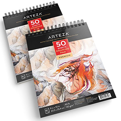 ARTEZA Cuadernos de dibujo, Pack de 2 blocs de 50 hojas cada uno, Papel grueso de 130g con tamaño 20,3 x 25 cm para dibujo artístico con medios secos