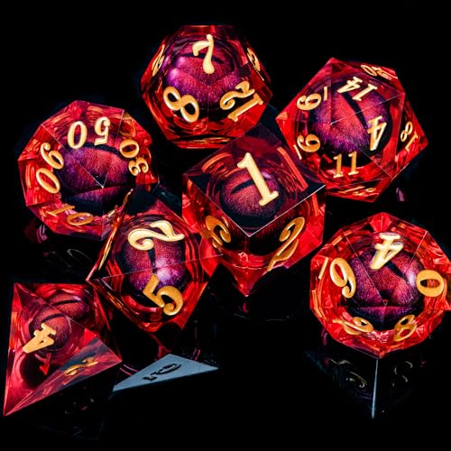 ARUOHHA DND - Juego de dados de ojo de dragón, núcleo líquido, resina roja, bordes afilados, con caja de regalo, dados poliédricos D&D de Dungeons and Dragons, hechos a mano, juego de dados D20 D12