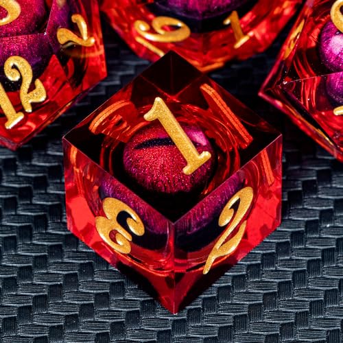 ARUOHHA DND - Juego de dados de ojo de dragón, núcleo líquido, resina roja, bordes afilados, con caja de regalo, dados poliédricos D&D de Dungeons and Dragons, hechos a mano, juego de dados D20 D12