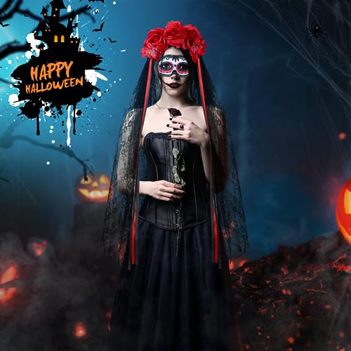 Auniq Diadema de Halloween con velo de encaje negro y Máscara, Tocado del Día de los muertos, diadema de flores para mujer accesorio de disfraz de Halloween, tocado de fiesta de novia fantasma Cosplay