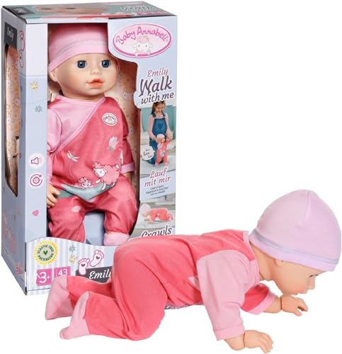 Baby Annabell Emily Walk with Me 710623, Muñeca de 43 cm con mono rosa y gorro, Incluye funciones realistas, Funciona con 3 pilas AAA (no incluidas), Edad: 3+ años