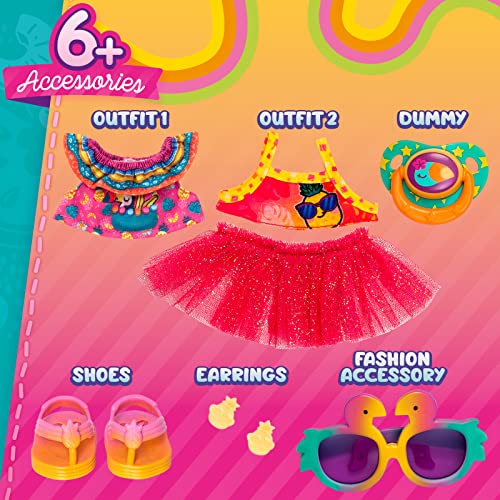 Baby Cool Mini MIA – Muñeca con Ropa, Zapatos y complementos exclusivos de Moda de Estilo Colorido y Tropical. Incluye 2 Camisetas, 1 tutú, 1 Chupete, 1 Gafas de Sol y Pendientes