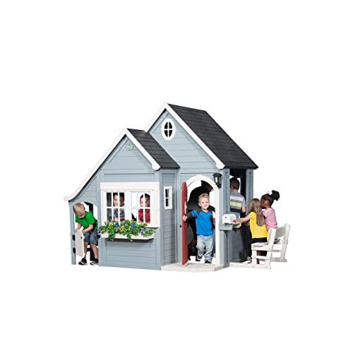 Backyard Discovery Spring Cottage Casa infantil de Madera | Casita de juegos para ninos de jardin / exterior en gris y negro | Incluidos los accesorios y ventanas
