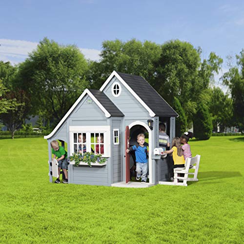 Backyard Discovery Spring Cottage Casa infantil de Madera | Casita de juegos para ninos de jardin / exterior en gris y negro | Incluidos los accesorios y ventanas