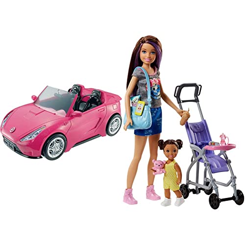 Barbie Coche descapotable d(Mattel DVX59) + Muñeca Skipper Hermana de , niñera de Paseo (FJB00)