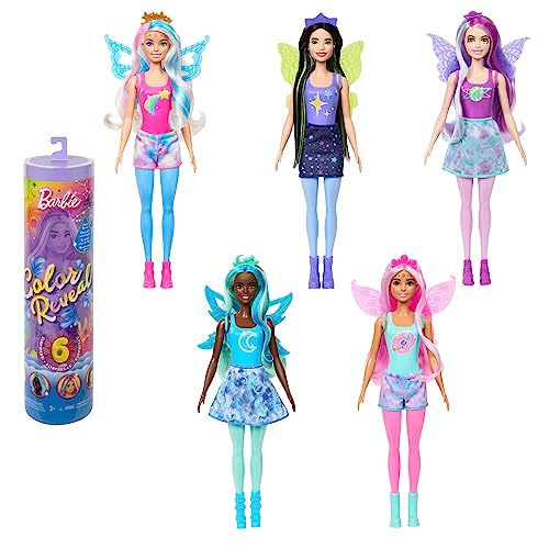 Barbie Color Reveal Galaxia arcoíris Muñeca surtida que revela sus colores, con alas, ropa y accesorios sorpresa, juguete +3 años (Mattel HJX61)