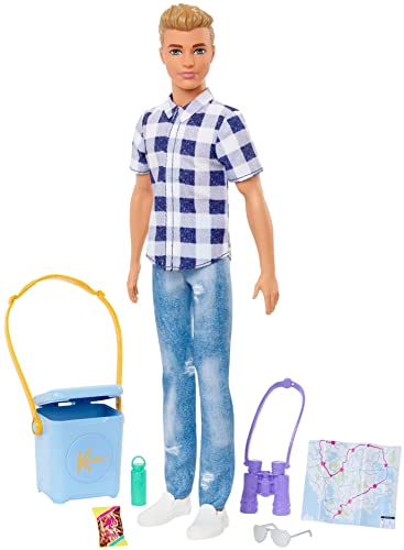 Barbie Cosa de dos Ken de camping Muñeco rubio con camisa de cuadros, vaqueros y accesorios de excursión, juguete +3 años (Mattel HHR66)