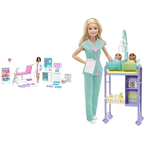 Barbie Doctora con Clínica médica, muñeca con Accesorios de Medicina de Juguete & Quiero Ser Pediatra Muñeca Rubia con Dos Bebes Y Accesorios (Mattel Gkh23)