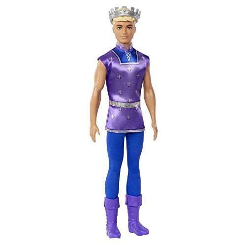 Barbie Dreamtopia Príncipe rubio con casaca morada, muñeco con corona, juguete +3 años (Mattel HLC23)