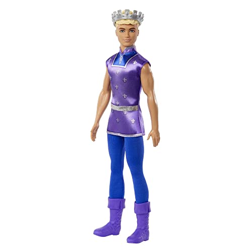Barbie Dreamtopia Príncipe rubio con casaca morada, muñeco con corona, juguete +3 años (Mattel HLC23)