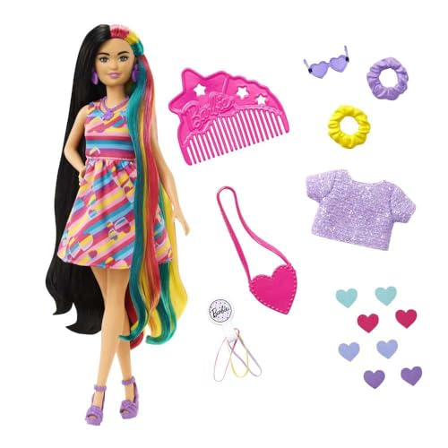 Barbie Totally Hair Pelo extralargo Corazón Muñeca pequeña con vestido, melena arcoíris y accesorios de corazones para el pelo, juguete +3 años (Mattel HCM90)