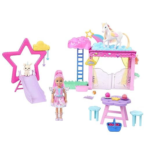 Barbie Un toque de magia Chelsea y Pegaso Set de juego con muñeca y caballo alado con accesorios de juguete, regalo +3 años (Mattel HNT67)