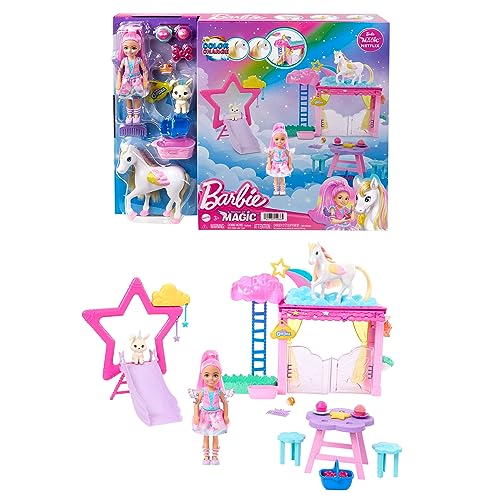 Barbie Un toque de magia Chelsea y Pegaso Set de juego con muñeca y caballo alado con accesorios de juguete, regalo +3 años (Mattel HNT67)