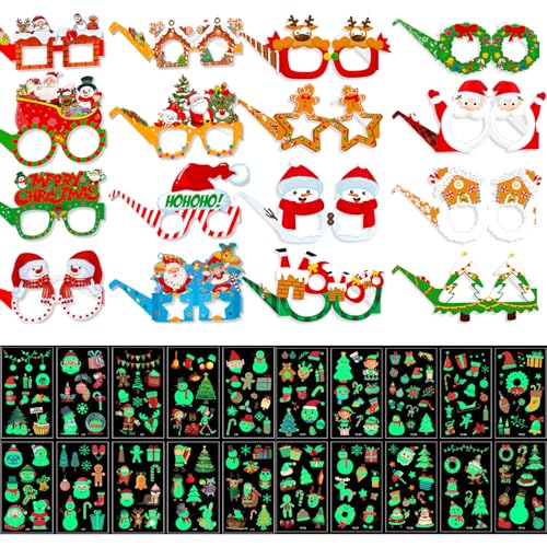 BDSHUNBF Papel Divertido Navidad Fiesta Gafas Foto Props para Navidad Favor Accesorios,Gafas Decorativas Navideñas,Navideños Tatuajes Temporales,Navideña que Brilla en la Oscuridad Tatuaje Pegatina