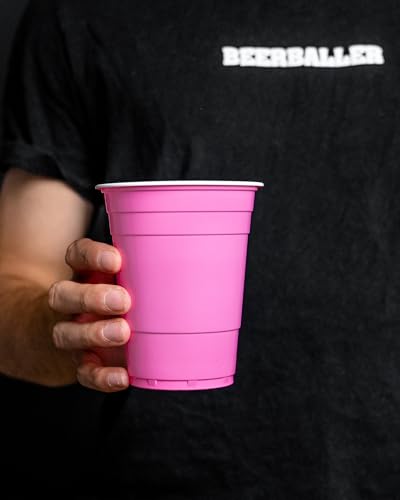 BeerBaller® Copas Rosas - 25 copas rosas y 3 pelotas | aptas para lavavajillas y reutilizables | 473ml - 16oz copas de fiesta | Juego de copas rosas | Original American Beerpong cups