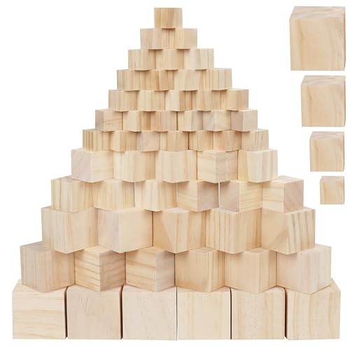Belle Vous Pack de 100 Cubos de Madera Bloque Madera 4 Tamaños Variados Sin Acabado – Cubos para Manualidades, Puzzle, Alfabeto Educativo y Números, Sellos y Regalos