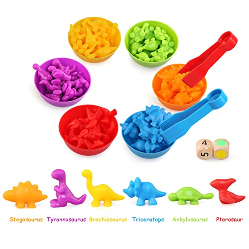BelleStyle Montessori Juguete Educativo, Contar con los Dinosaurio 58 Piezas Juego de Combinación de Color con Vasos Apilables, para Niños de 3 4 5 6 años