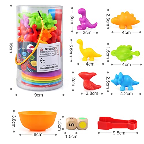 BelleStyle Montessori Juguete Educativo, Contar con los Dinosaurio 58 Piezas Juego de Combinación de Color con Vasos Apilables, para Niños de 3 4 5 6 años