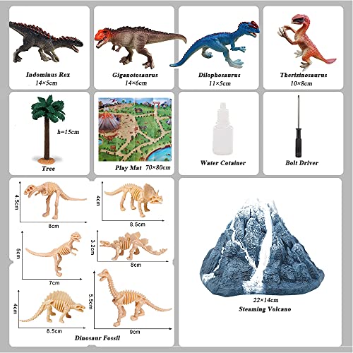 BERHICHAD Dinosaurio Nieve figuras de volcán spray de juguete con alfombra de juego, árboles, piedra regalo para niños y niñas