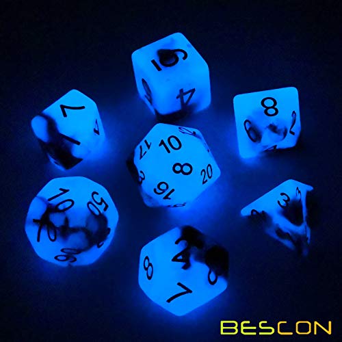 Bescon Dados poliedrales de dos tonos que brillan en la oscuridad, D4 D6 D8 D10 D12 D20 D% en caja de ladrillo (azul amanecer)