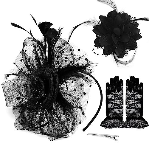 BETESSIN 3 Kit Tocado Diadema Sombrero, Fascinator Sombrero de Pluma, Tocado Pinza Velo Negro, Broches Flor Negro, Guantes Encaje de Negro, Accesorios de Disfraz Cosplay Mujer Encaje para Fiesta Boda