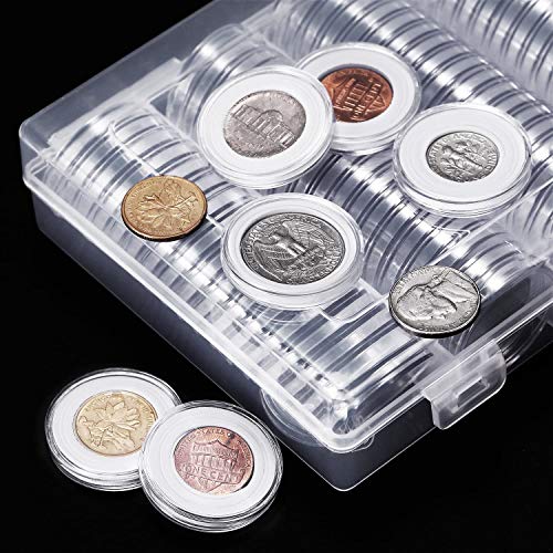BITEFU 100 cápsulas de monedas transparentes de 30 mm de plástico con junta de protección de espuma y caja organizadora de almacenamiento de monedas para exhibición de colección de monedas