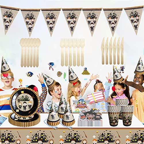 BlinBlin 48 pcs vajilla de Fiesta para cumpleaños de Hary Pot, Platos de vajilla de Fiesta temática mágica, Mantel, Pancarta, Sombrero, Plato, servilletas, 12 Invitados, Suministros de Fiesta